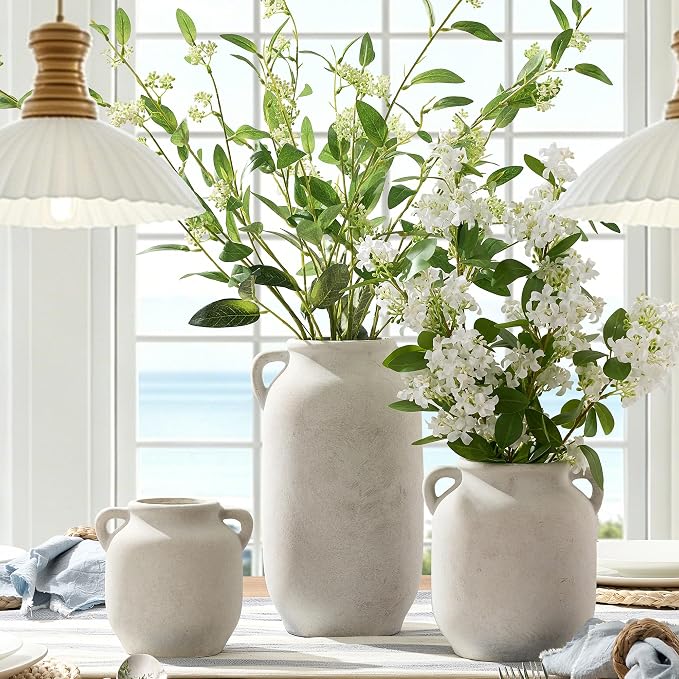 Ceramic Flower Vase Home Decor - Farmhouse Rustic White Table Vases with Handle Living Room Decoration Decorative Vintage Pottery for Kitchen Shelf Coffee Dining Desk Bookshelf Fireplace (7.6" Rustic)