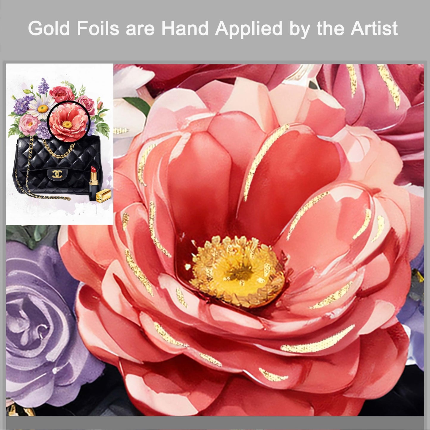 ARTISTIC PATH Luxury Handbag Canvas Wall Art: Fashion Floral Painting Lipstick Picture Print Chic Flower Painting for Bedroom or Living Room