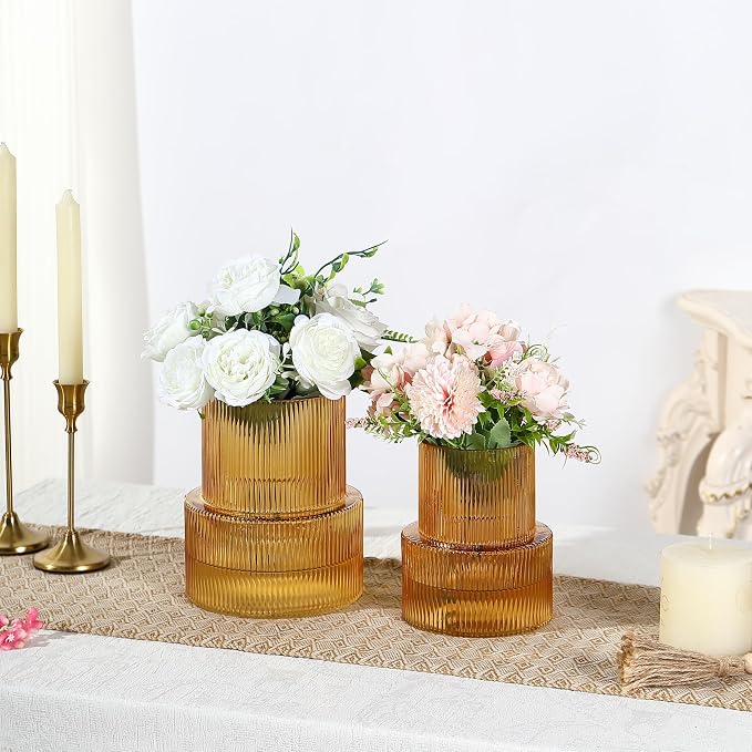 Ribbed Glass Vases for Bouquet, Set of 2 Amber Vases for Flowers, Amber Glass Vase for Tulips, Modern Vase for Living Room, Office, Coffe Table, Dining Table, Shelf, Wedding
