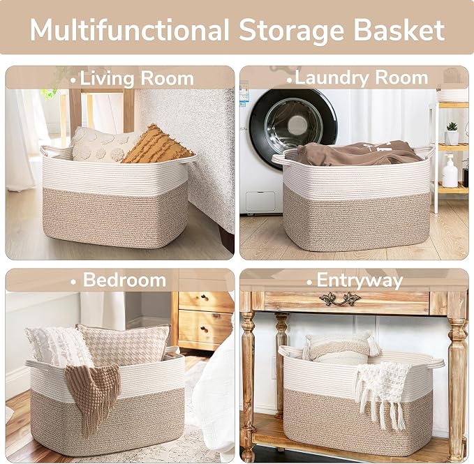Goodpick Extra Large Woven Blanket Basket, 23.6" x 15.7" x 13.8" Storage Organizer for Blankets, Toys, Dirty Clothes, Rectangle Cotton Rope Basket for Living Room, Nursery, Bedroom