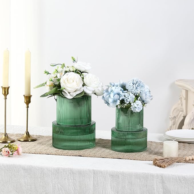 Ribbed Glass Vases for Bouquet, Set of 2 Green Vases for Flowers, Green Glass Vase for Tulips, Modern Vase for Living Room, Office, Coffe Table, Dining Table, Shelf, Wedding