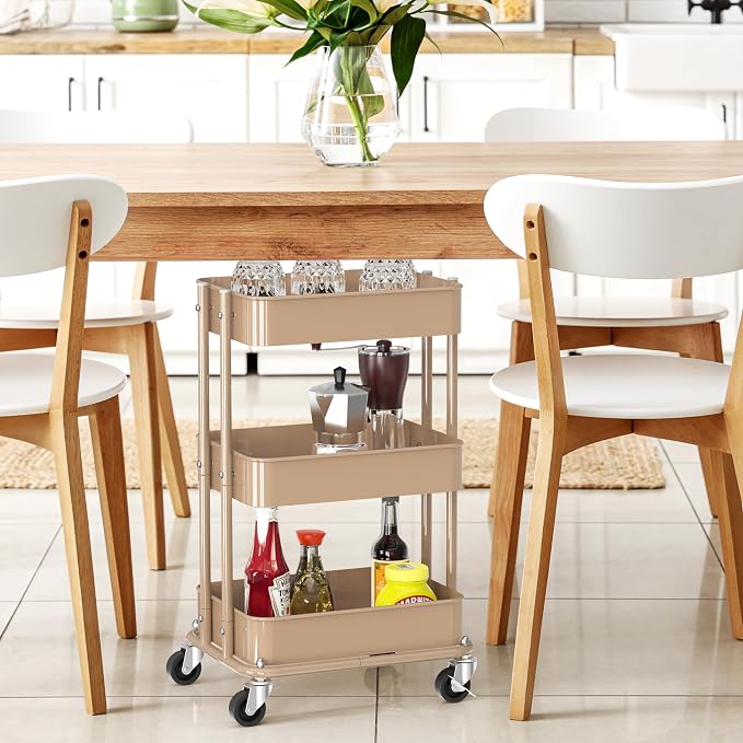 Simple Houseware 3-Tier Compact Utility Rolling Cart, Low 24” Height Fits Under Desk, Space-Saving Storage for Home Office, Dining Room, or Kitchen, Khaki