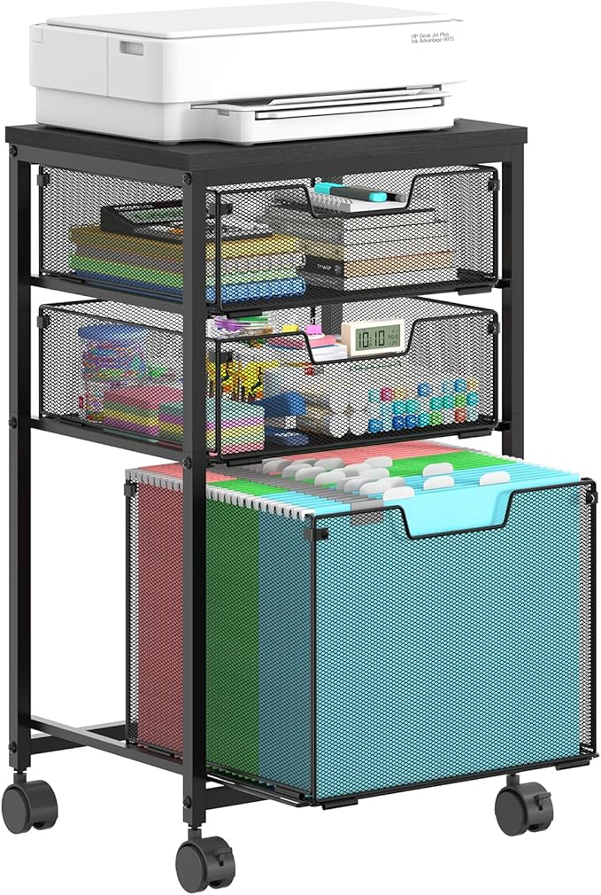 Sbanmao Rolling File Cart with 3 Drawers, Filing Cabinet, Hanging Folder Holder Organizer with Wheels, Under Desk Storage Utility Cart, File Cabinet Printer Stand for Home Office, Black
