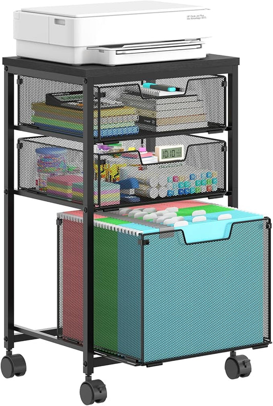 Sbanmao Rolling File Cart with 3 Drawers, Filing Cabinet, Hanging Folder Holder Organizer with Wheels, Under Desk Storage Utility Cart, File Cabinet Printer Stand for Home Office, Black