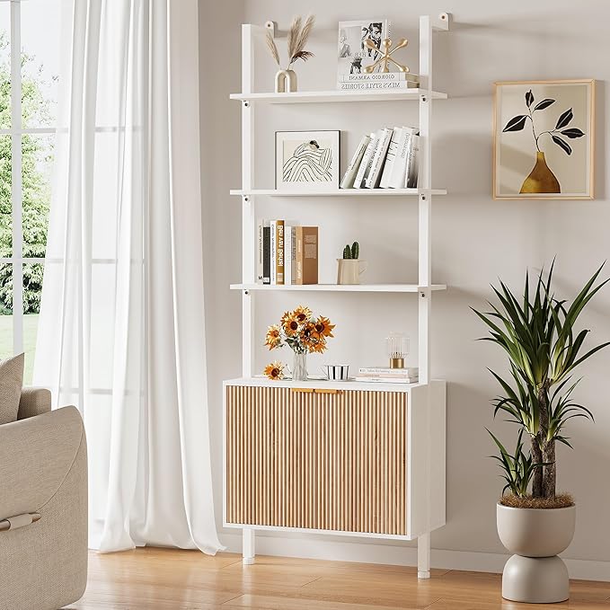INNOD 74" Tall Bookshelf with Storage Cabinet, Modern Ladder Shelf with Wood and Metal Frame, Wall Mount Bookcase Open Display Shelf Furniture for Living Room, Bedroom, Home Office, White and Oak