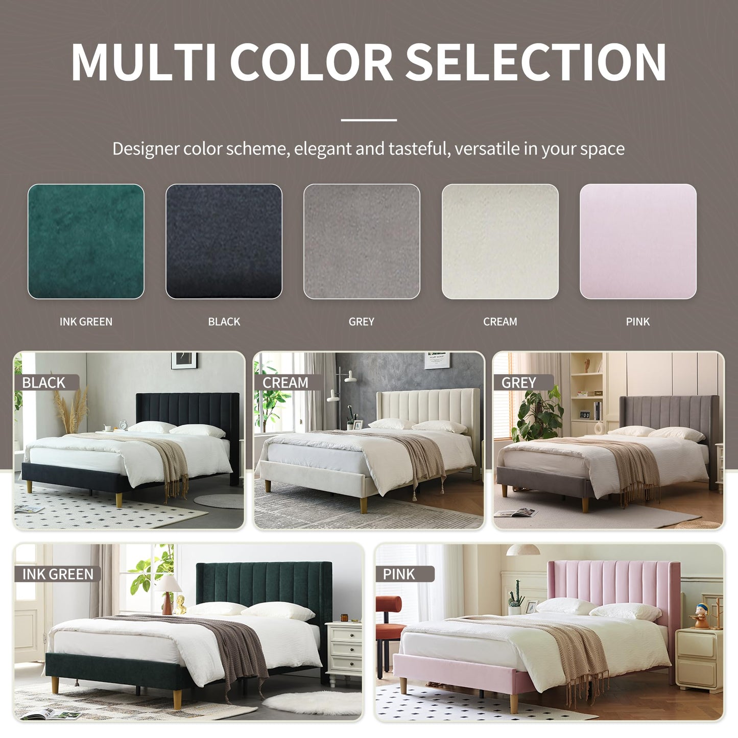 YUHUASHI upholstered Platform Bed Frame/Full Bed Frame/Modern Geometric Double-Wing Design headboard/Velvet Fabric/Easy to Assemble no Noise (Cream, Full)