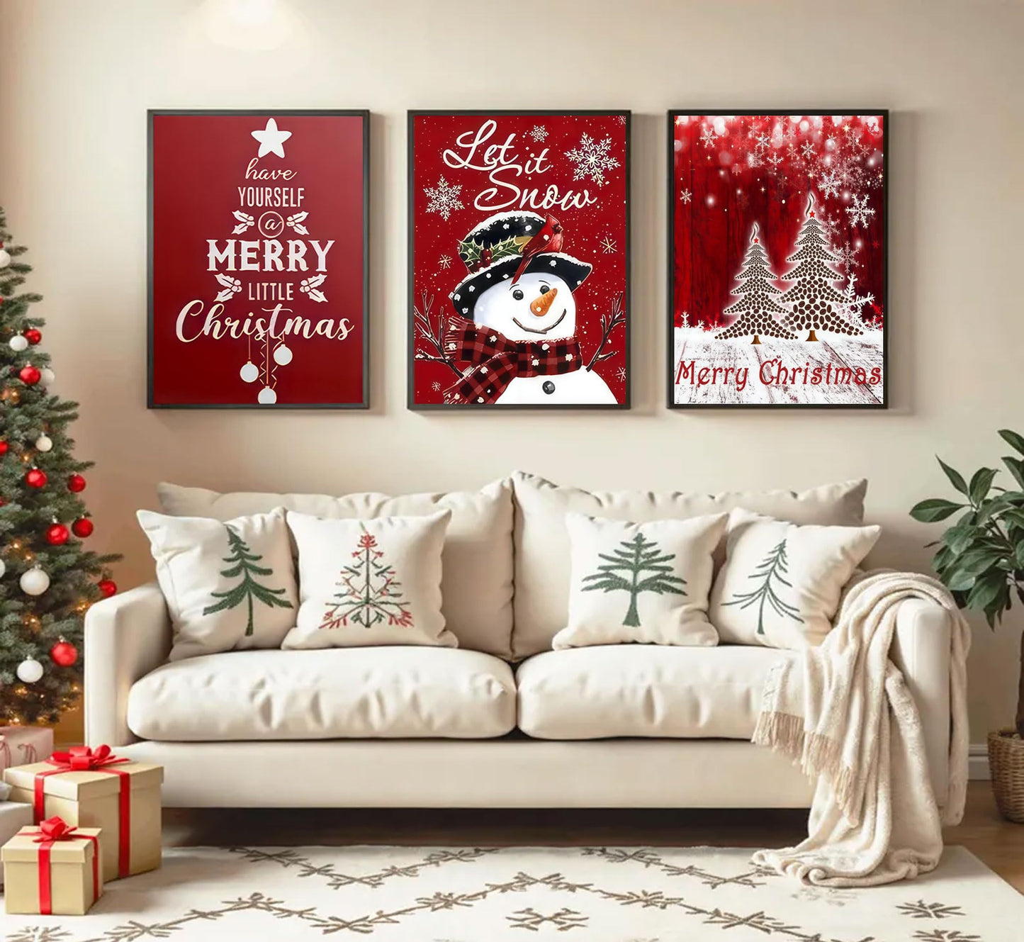3pcs Red Christmas Canvas Wall Art Tree Snowman Posters Prints Paintings Winter Christmas Quotes Wall Decor Pictures for Living Room And Bedroom Furniture Decoration Unframed