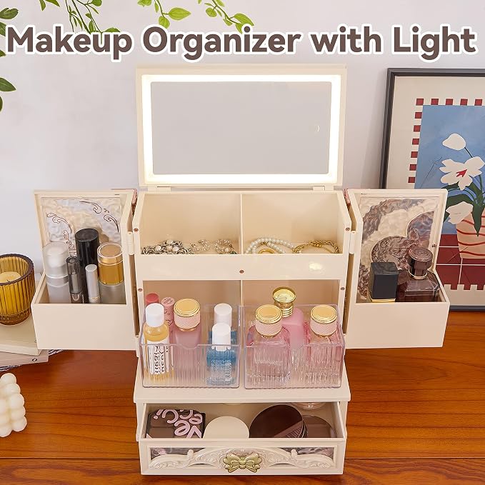 Large Makeup Organizer Countertop with LED Mirror, Vintage Cosmetic Storage Box with Drawers & Side Compartments, Dustproof Skincare Organizer for Vanity, Elegant Gift for Women(White)