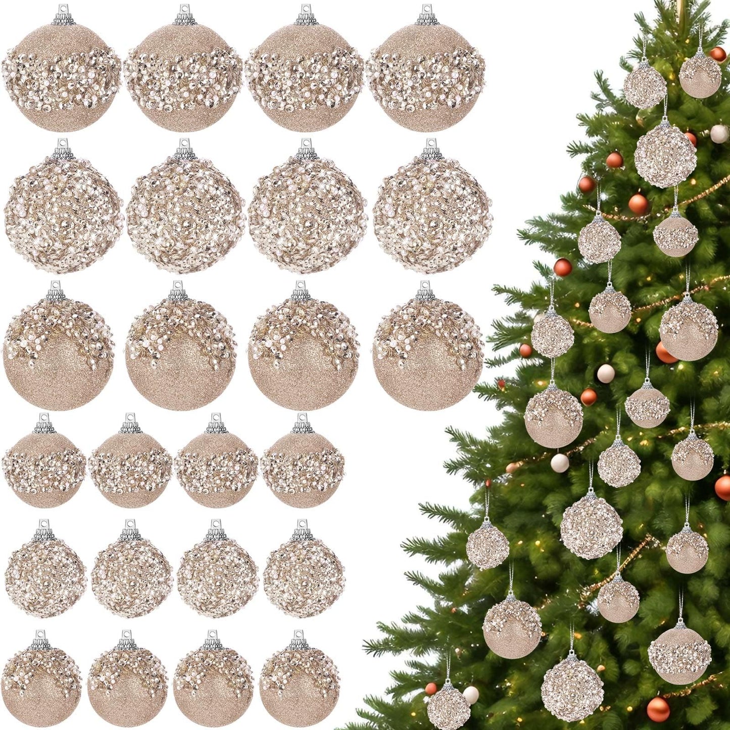 Poen 24 Pcs Glitter Christmas Ball Ornaments Set Christmas Tree Ornaments Hanging Sequin Foam Xmas Balls Decoration for Xmas Tree Wreath Garland Home Decor Wedding Party(Champagne)