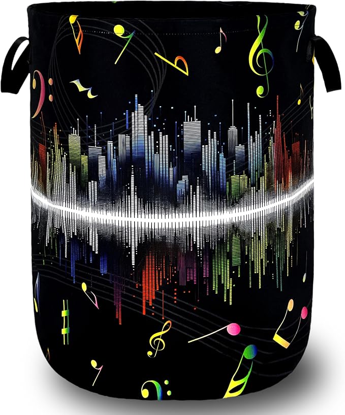Colorful Music Notes Laundry Basket Music Laundry Hamper Foldable Oxford Cloth Funny Tote Bag Clothes Toy Storage Bucket For Bathroom/Laundry Storage/Bedroom 18.9 x 16.5 Inch