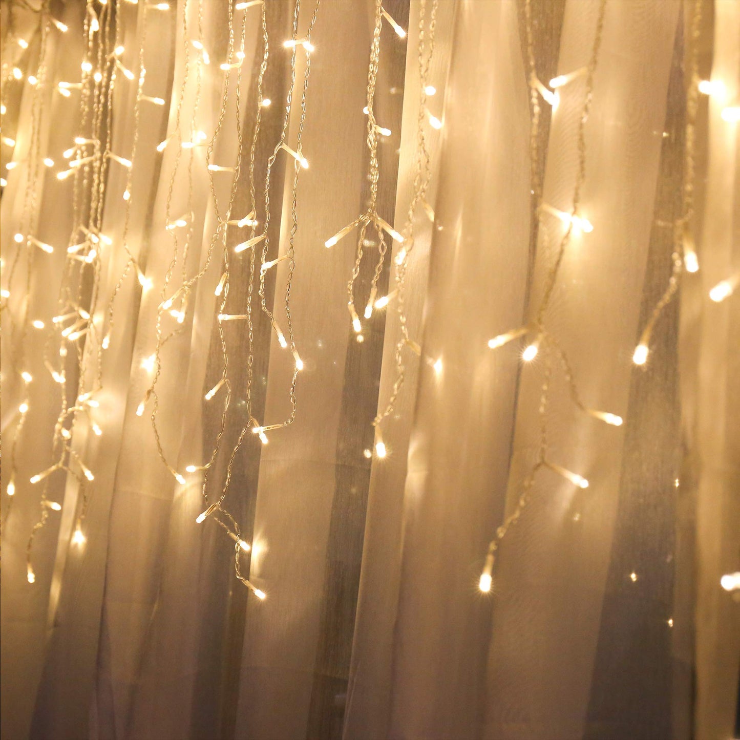 Icicle Lights 90 LED 10 ft Short Curtain Lights with 8 Modes Remote Control,Powerd by USB & Battery - Waterproof Fairy String Lights for Indoor & Outdoor,Holiday,Party,Window Decoration(Warm White)