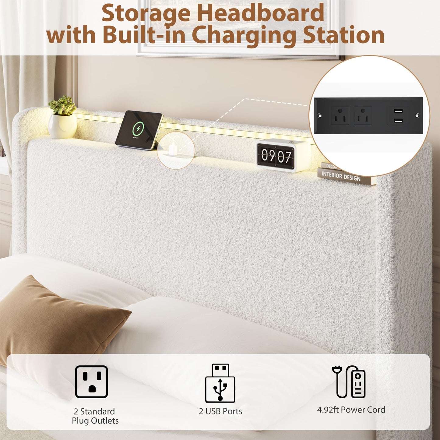 Full Size Boucle Bed Frame with LED Light and Charging Station, 4 Storage Drawers, Storage Headboard, Upholstered Platform Full Bed with Wooden Slats, No Box Spring Needed, Easy Assembly, White