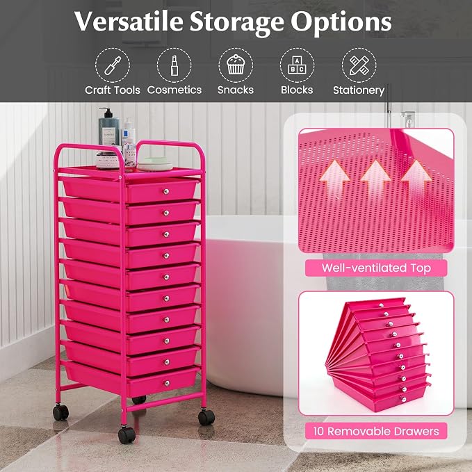 COSTWAY 10-Drawer Rolling Storage Cart, Utility Mobile Trolley with Removable Drawers & Universal Casters & 2 Brakes, Versatile Flexible Drawer Organizer Cart for Home, Office, Hot Pink