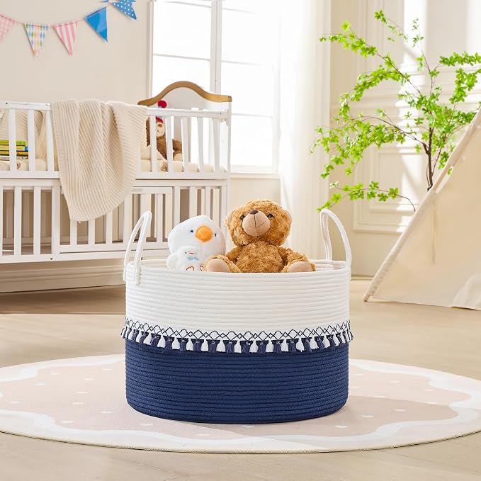 KAKAMAY Cotton Rope Storage Basket (20"x13"),Woven Hamper for Blankets,Toys,Pillows,Clothes,Laundry,Sturdy Handles Decorative Basket for Living Room, Bedroom,Nursery(Blue/Blue Fringe)