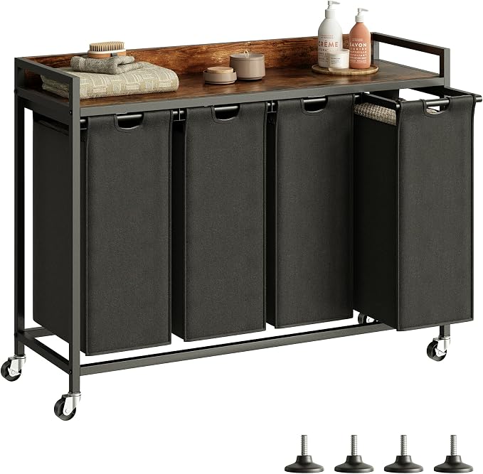 Herture Laundry Hamper with Shelf, Laundry Basket 4 Section, Laundry Sorter with Pull-Out Removable Large Bags and Movable Wheels, Metal Frame, 4 x 15.87 Gallons (60L), Rustic Brown + Black PF07XLY