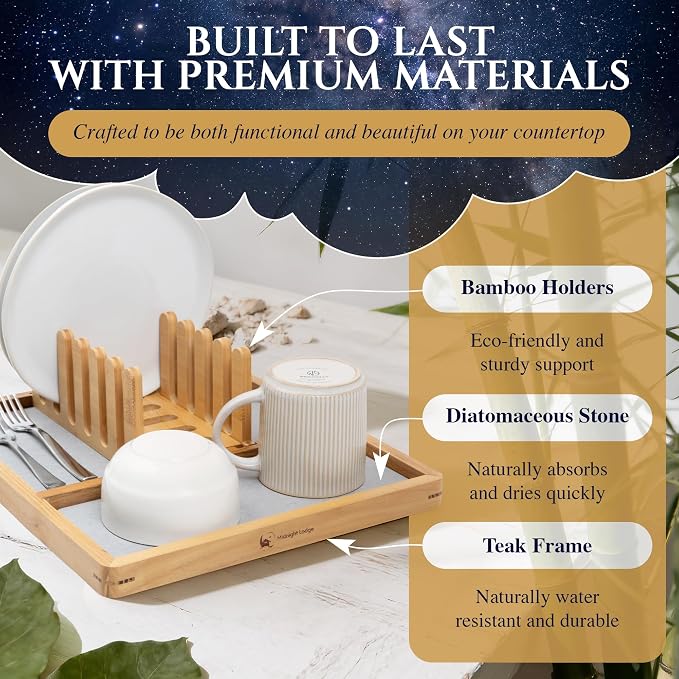 Bamboo & Teak Dish Drying Rack with Fast-Absorbing Stone Base — Made for Small Kitchens & Apartments, Collapsible Dish Holders, 12" x 13.9", No-Drip, No-Puddles – Midnight Lodge