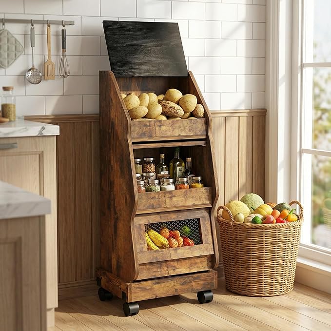 ARTETHYS Potato Storage Bin Movable Bread Box with Lid Rustic and Wheels Onion Organizer with Grocery Section Decorative Vegetable Organization Cabinet for Kitchen