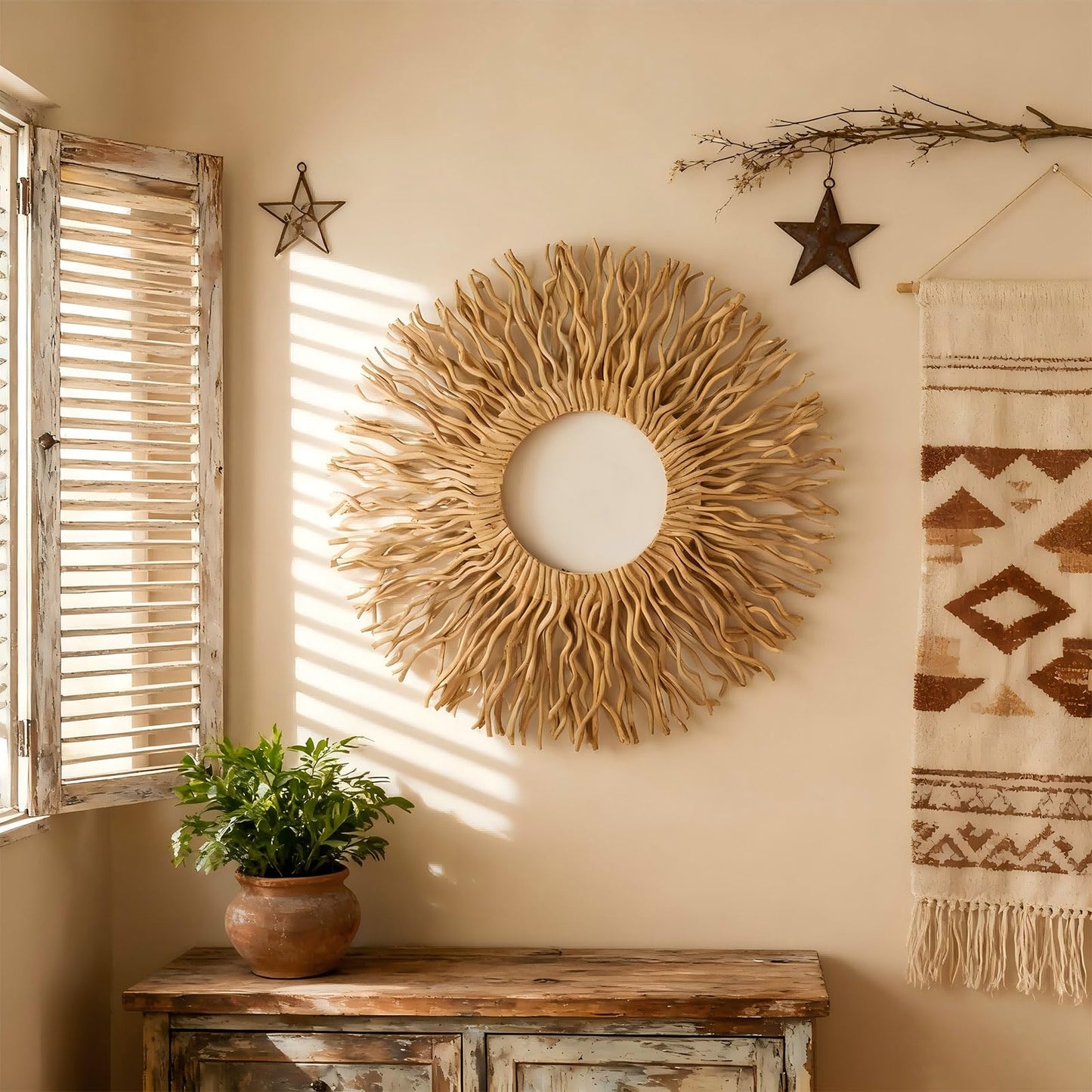 BDJBXK Large Boho Wall Art Decor – Unique Handmade Sunburst Mulberry Branch 27in Wall Art for Living Room, Bedroom, Office, Farmhouse & Home Décor