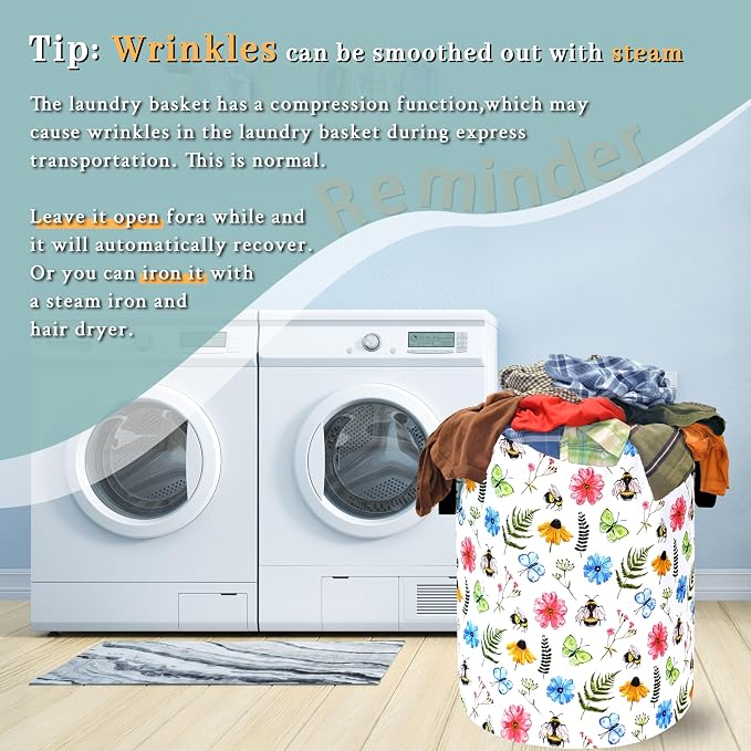Cute Bee Floral Flowers Laundry Basket Foldable With Handles BeesTote Bag Oxford Cloth Colorful Laundry Hamper Clothes Storage Bucket Toy Organizer 18.9"x16.5" For Bathroom/Laundry/Bedroom