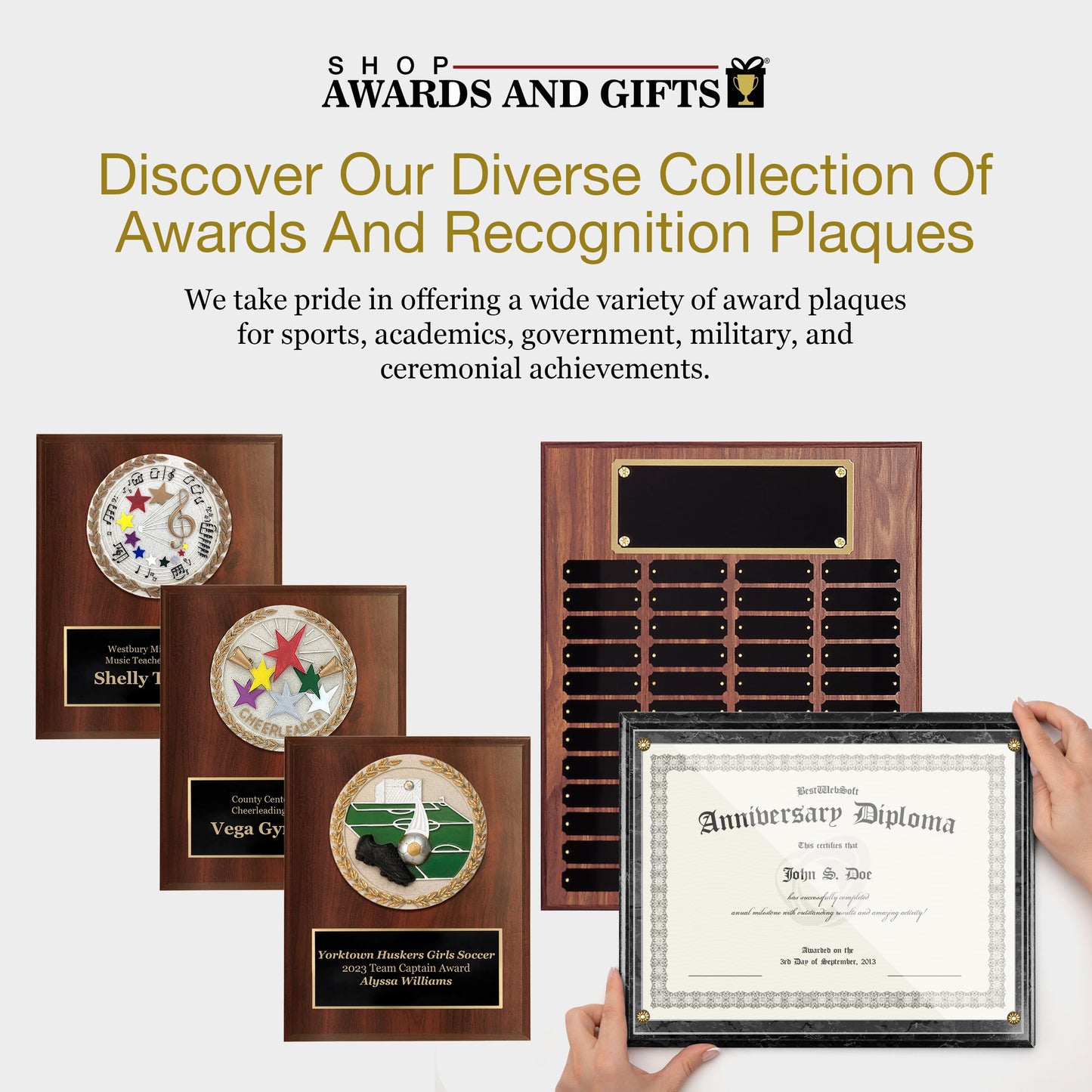 SHOP AWARDS AND GIFTS 16 x 20 Inch Perpetual Plaque Award Multiple Name Plate Board for Employee Appreciation, Recognition, Achievement, Walnut Finish with Black and Gold Header, 48 Name Plates