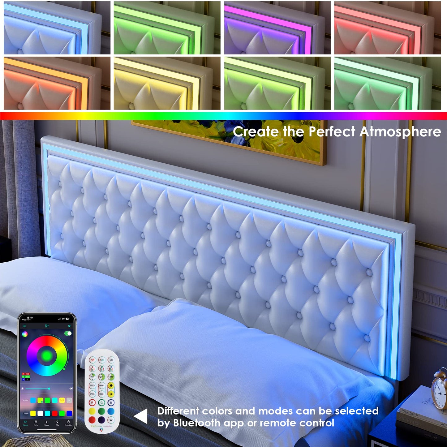 Keyluv Queen Upholstered LED Bed Frame with 4 Drawers, PU Leather Platform Storage Bed with Adjustable Button Tufted Headboard and Solid Wooden Slats Support, No Box Spring Needed, White