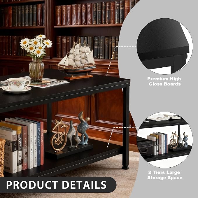 SUPER DEAL 2-Tier Coffee Table with Storage Shelf for Small Apartment Living Room, Rectangle Wood and Stable Metal TV Stand Side End Table, Black