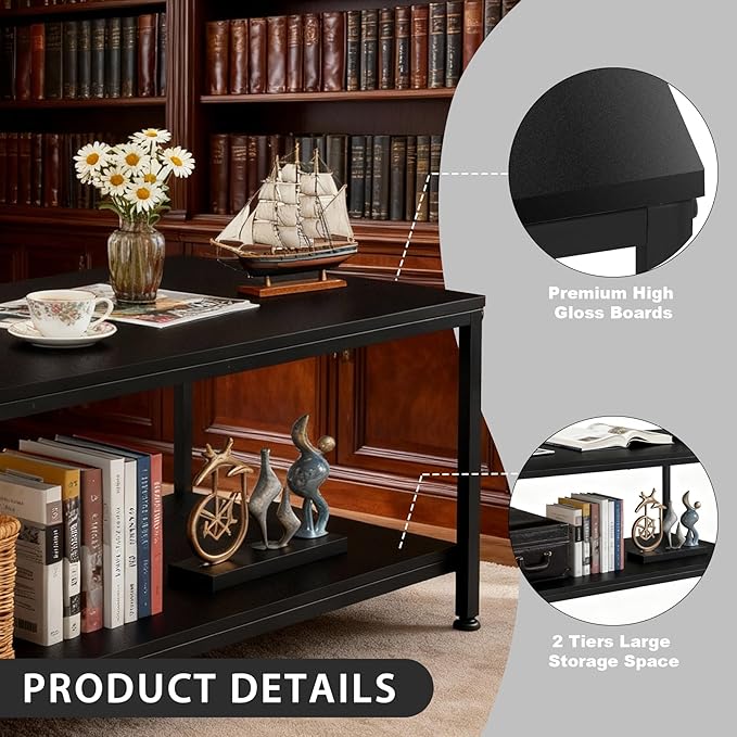 SUPER DEAL 2-Tier Industrial Coffee Table with Storage Shelf for Small Apartment Living Room, Rectangle Wood and Stable Metal TV Stand Side End Table, Black