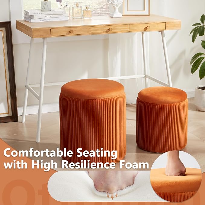 Royal Windsor Round Ottoman with Storage Set of 2,Vanity Stool with Storage for Bedroom, Ottoman Coffee Table,Small Velvet Foot Stool for Living Room, Orange