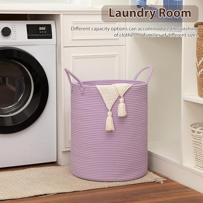 OIAHOMY Large Laundry Basket Hamper - 60L Cotton Rope Woven Basket for Blankets, Toys, Clothes - Tall Decorative Nursery Hamper with Long Handles, Purple