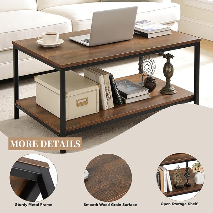 SUPER DEAL 2-Tier Industrial Coffee Table with Storage Shelf for Small Apartment Living Room, Rectangle Wood and Stable Metal TV Stand Side End Table, Rustic Brown