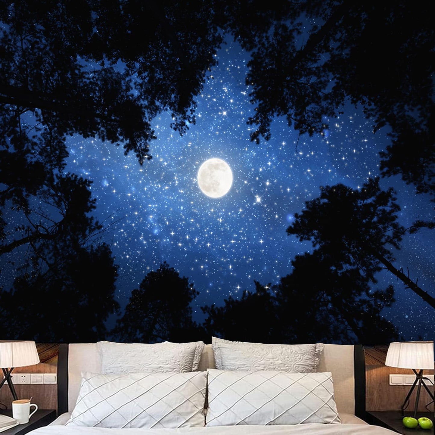 TUGCAY Forest Galaxy Starry Tapestry Blue Space Night Sky Stars Moon Ceiling Tapestry Nature Trees Tapestries Aesthetic Wall Hanging for Bedroom Dorm Living Room Office Decor 60x50 Inch