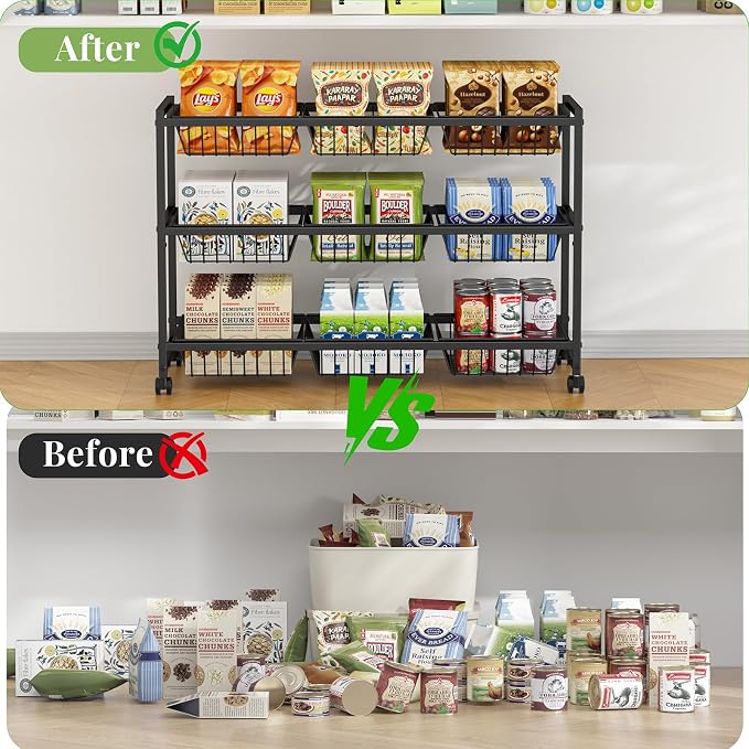 3-Tier Rolling Pantry Cart on Wheels with 9 Removable Baskets, Sturdy Pantry Floor Organizer and Storage, Kitchen Storage Cart for Fruit Vegetables, Snack Organizer for Pantry Kitchen Living Room