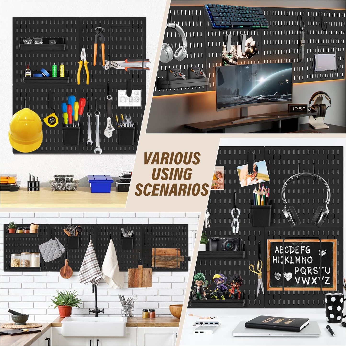 AKTOP Peg Board Wall Organizer 4-Pack – 12"x12" Black Pegboard Combination Kit with 13 Accessories for Wall, Plastic Peg Board Panels for Home, Office, Garage Tool Storage & Craft Room