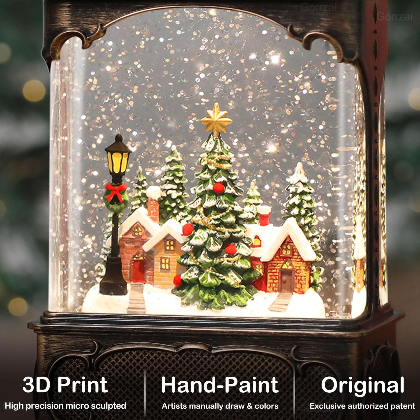 Gorrzai Christmas Snow Globe Lantern with Music Timer Swirling Glitter, Lighted Christmas Decorations Indoor Light Up Musical Lantern Holiday Decor Gift, Forest House Scene, USB or Battery Operated