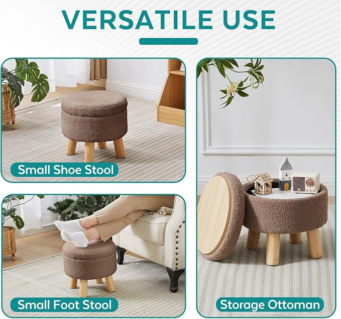 Small Foot Stool Ottoman with Storage, Sherpa Ottoman Foot Rest for Couch, Round Footstool with Storage, Small Ottomans and Footstools for Living Room and Entryway (Brown)