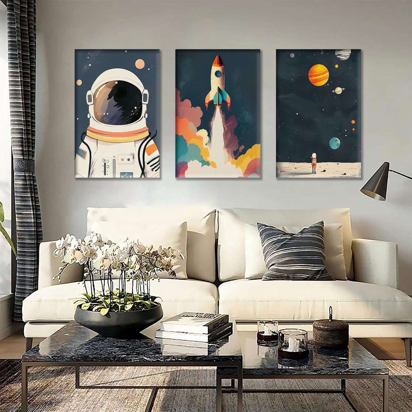 3Pcs Astronaut Wall art Nursery Space Adventure Posters Prints Rocketship Wall Decor Explore Dream Galaxy Canvas Prints Funny Planet Painting for Boys Girls Kids Bedroom Living Framed