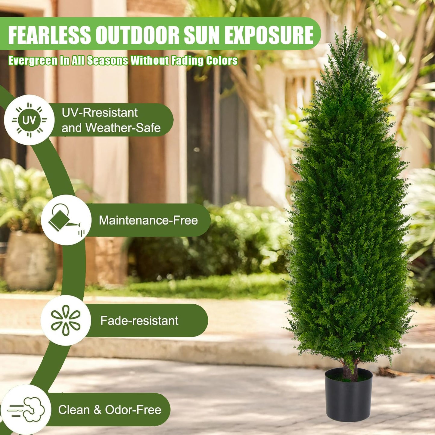 4FT Artificial Cedar Pine Tree UV Resistant Faux Evergreen Tree for Indoor Outdoor Front Porch Entryway Patio Decor Maintenance-Free Fake Greenery