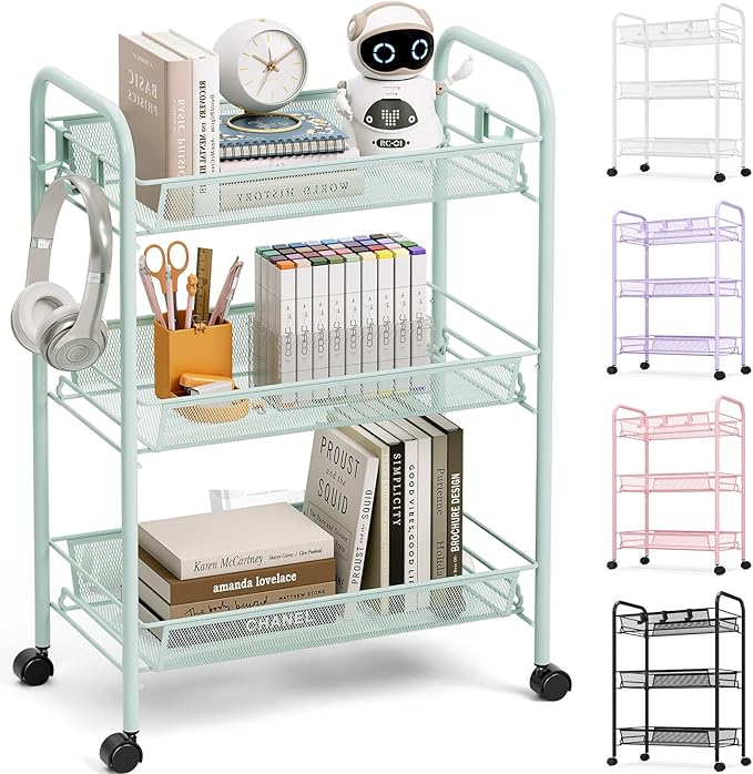 TOOLF 3-Tier Metal Rolling Cart, Mesh Wire Easy Assemble Utility Cart, Storage Trolley on Wheels with 3 Hooks, MetalStorage Shelving Units for Kitchen Bathroom Laundry Room