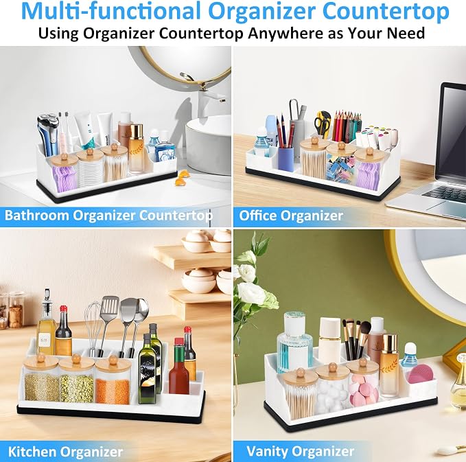 Bathroom Organizer Countertop, White Silicone Toothbrush Holders for Bathrooms with 3PCS Qtip Holder Dispenser, Toothbrush and Toothpaste Holder for Bathroom Counter Organization Storage Vanity