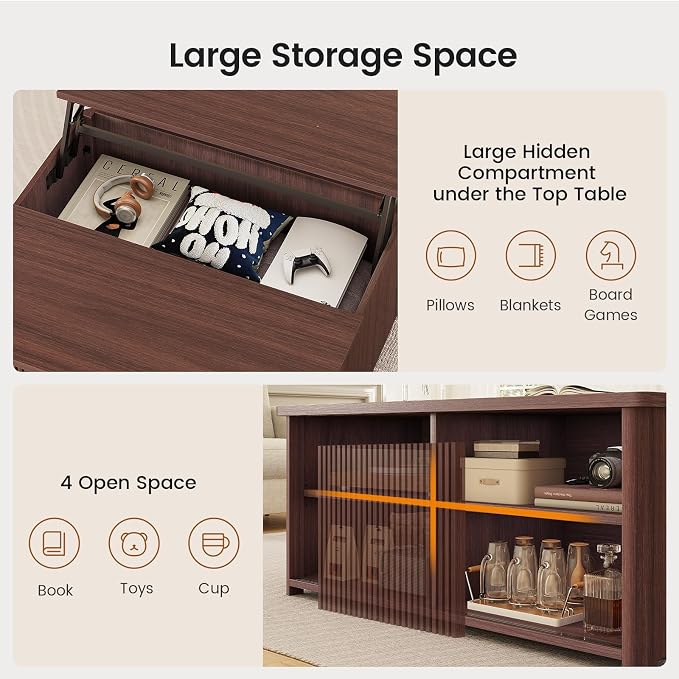 SEDETA 31.5" Lift Top Coffee Table with Storage, Square Coffee Tables for Living Room, Fluted Coffee Table with Large Hidden Storage Compartment and Adjustable Shelves, Walnut