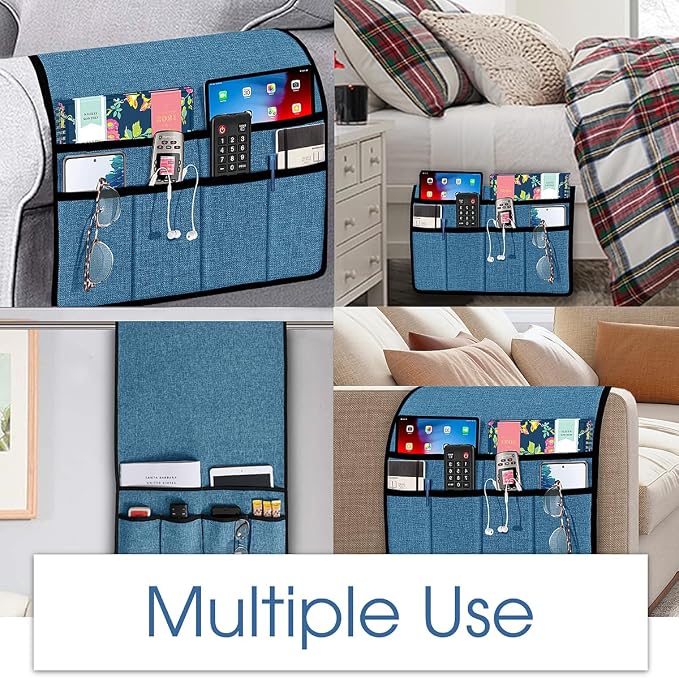 Joywell Chair Caddy Organizer Remote Control Holder for Couch Recliner Armrest Organizer Non Slip Sofa Arm Chair Caddie with 6 Pocket Storage for Magazine, Tablet, Phone, iPad, Classic Blue