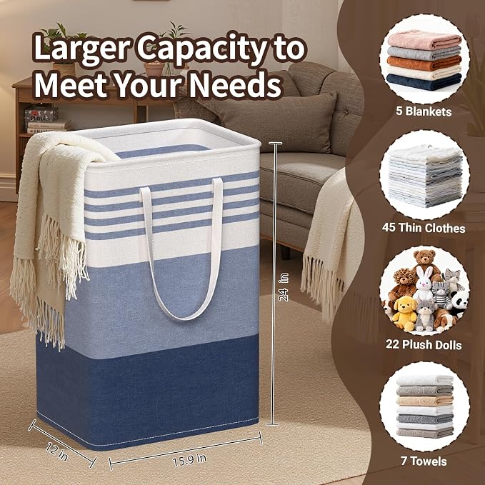 WOWBOX 2 Pack Laundry Baskets, Laundry Hampers, Freestanding Dirty Clothes Hampers with Reinforced Handles & Cross Stitch & Waterproof Coating, for Laundry Bedroom Bathroom Dorm,75L Blue