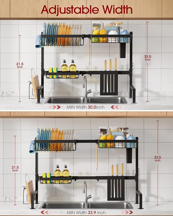 Sakugi Dish Drying Rack - Over the Sink Dish Drainer Drying Rack with Utensil & Knife Holder, Hooks, Stainless Steel Kitchen Organizers and Storage Solution, 11" D x 30.5"~34''W x 21.5" H, Black