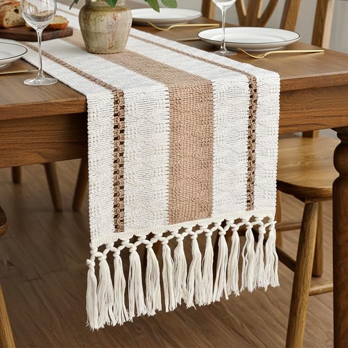 FEXIA Boho Table Runner for Hoilday Spring Home Decor with Tassels 72 Inches Long Pottery barn Furniture Farmhouse Rustic Macrame Burlap Table Decoration for Living Room (12x72 Inches)