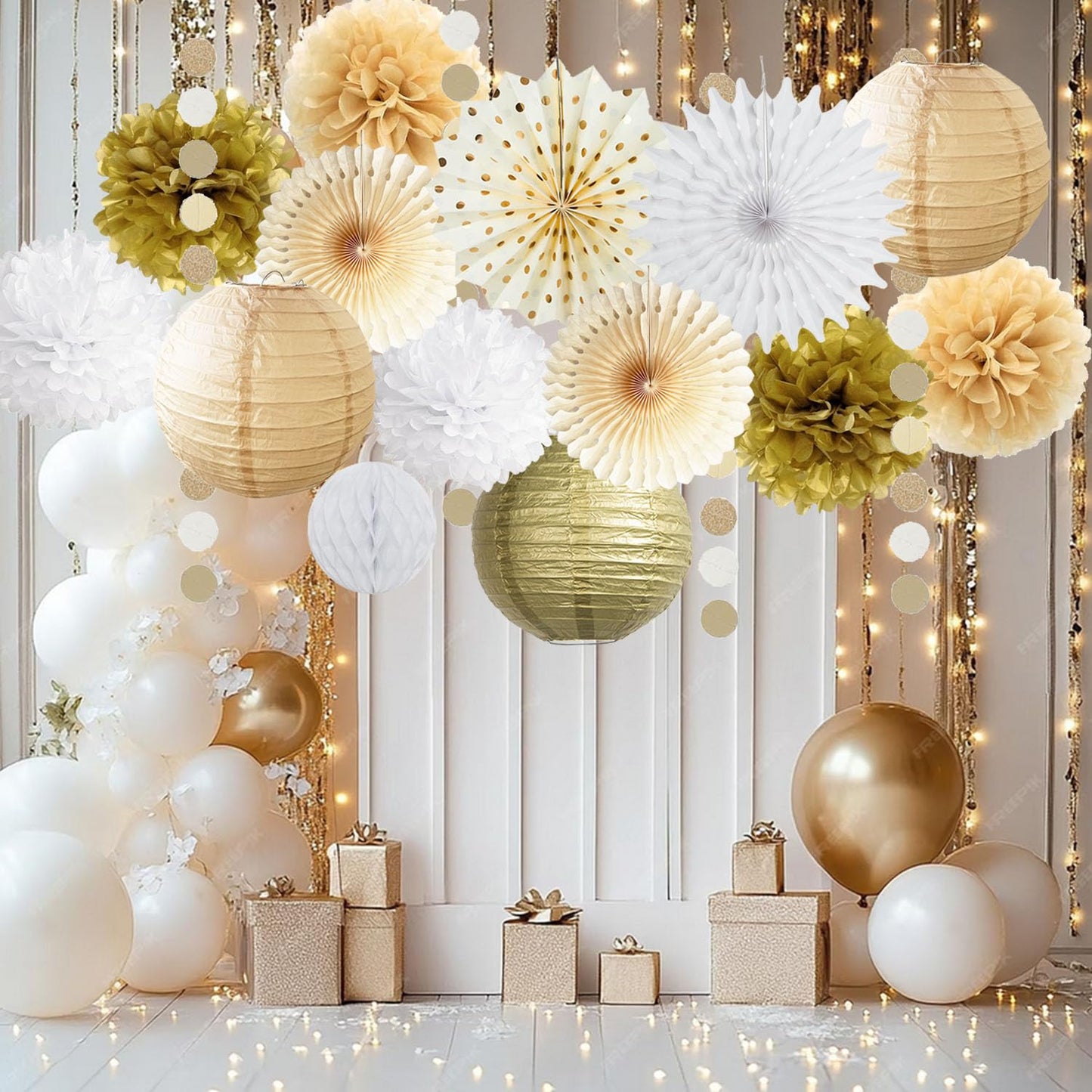 White Gold Party Decorations Tissue Pom Poms Paper Lanterns Hanging Paper Fan Honeycomb Christmas Wedding Engagement Bachelorette Neutral Birthday Baby Bridal Shower Decoration