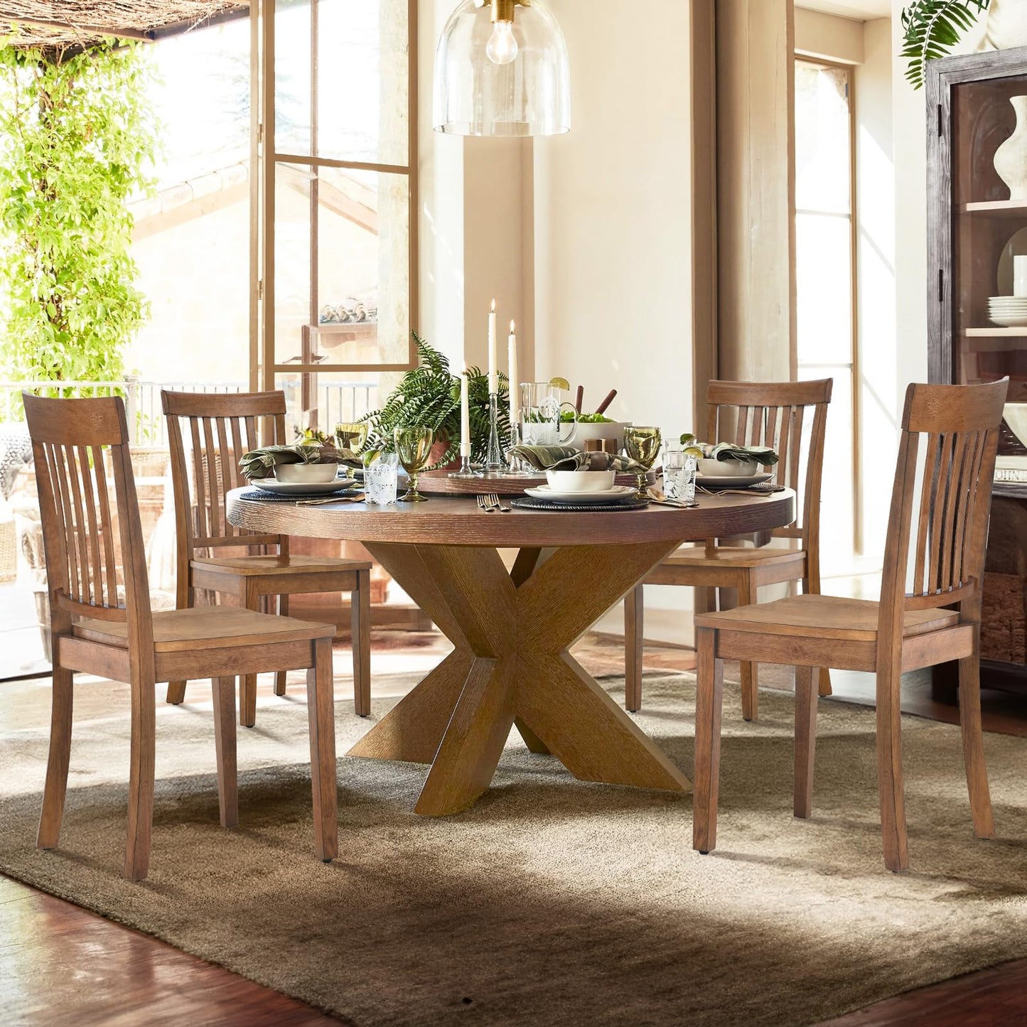 COLAMY Wooden Dining Chairs Set of 6, Solid Rubberwood Kitchen & Dining Room Chairs, Farmhouse Rustic Side Chairs for Dining Table, Anti-Slip Protection, Classic Windsor Style Seating, Oak Light Brown