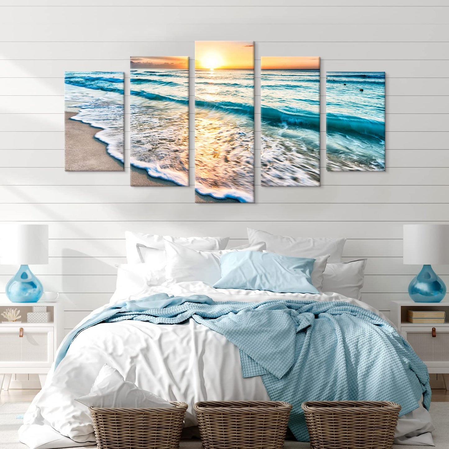 Goldfoilart 5 Pieces Beach Coastal Wall Art Sea Sunset Seascape Pictures Ocean Photography Canvas Large Horizontal Landscape Multi Framed Artwork for Bedroom Living Room Bathroom Wall Decor