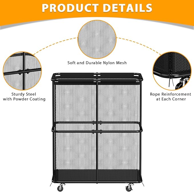 HEOMU Ball Storage Bin Rolling Garage Ball Storage Cart with Lockable Wheels, Metal Frame Mesh Basket Organizer with Zipper for Indoor Outdoor, Sports Equipment Organizer for Garage Gym School, Black