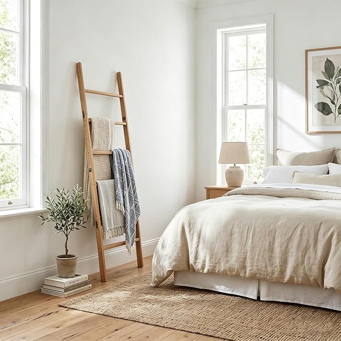 FUIN 5.5ft Wooden Blanket Ladder, Wood Towel Ladder, Rustic Decorative Ladder for Blankets, Farmhouse Quilt Rack for Living Room & Bathroom