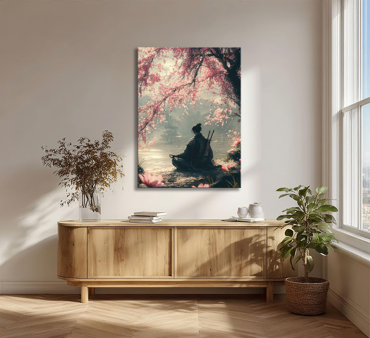 Japanese Sakura Samurai Canvas Wall Art Traditional Bushido Wall Decor Picture Asian Japanese style Cherry Blossoms Warrior Poster Print for Living Room Bedroom 12x16in Ready To Hang